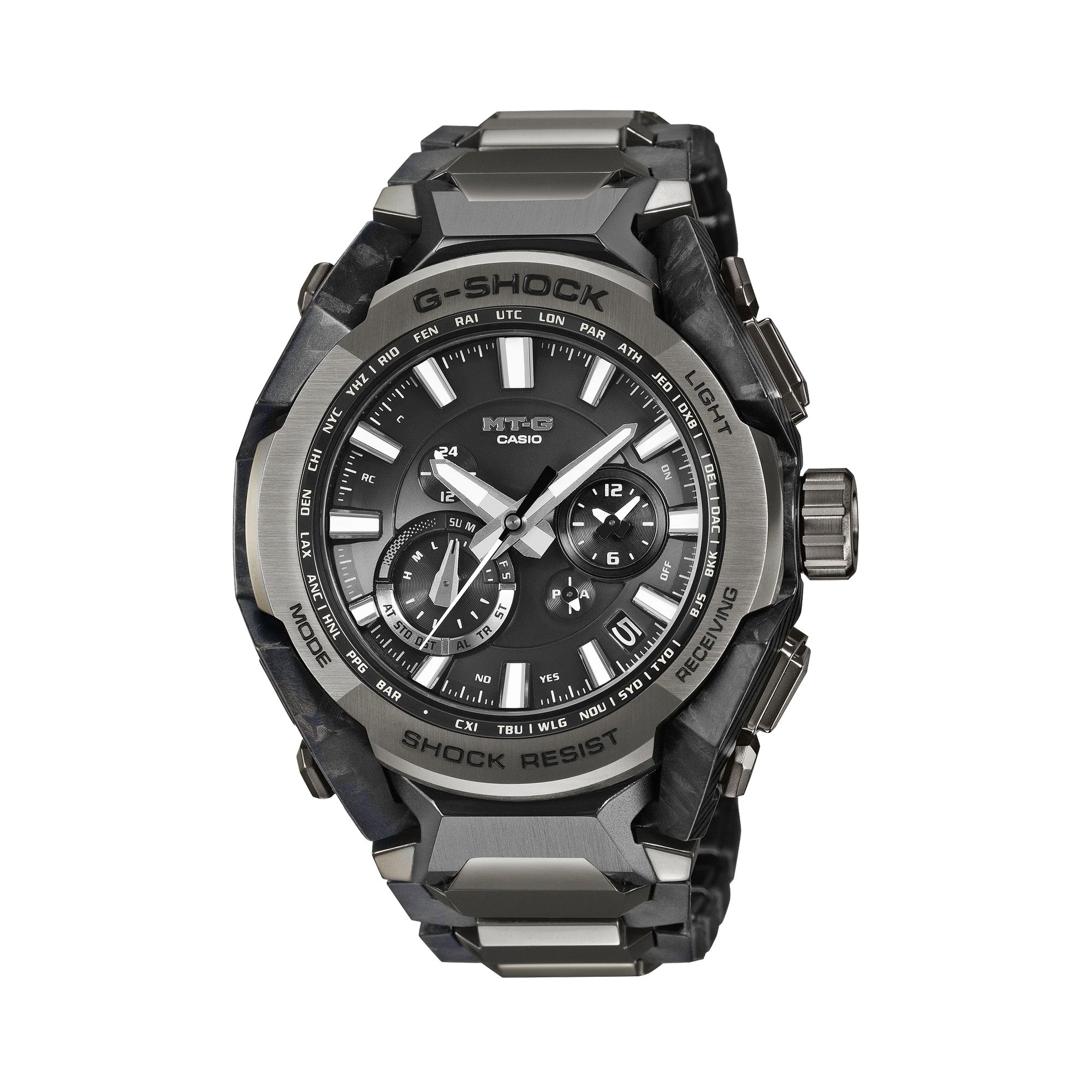 Casio G-Shock MT-G MTGB4000BD-1A men's analogue watch in black , Layer Composite Band of alternating stainless steel and carbon fibre reinforced resin links, front-facing view.