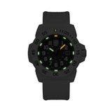 Luminox Navy SEAL Men's 45mm Quartz Watch XS.3507.WB glowing in the dark with Luminox Light Technology. The self-powered tritium tubes on the hands and markers of this Navy SEAL 3500 Series Arctic Edition watch glow constantly for up to 25 years.