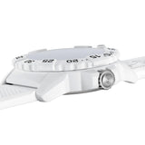A close-up side view of a white watch with a matching white strap and a silver-toned side crown accent, photographed on a clean white background.