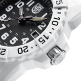 Three-quarter angle view of the Luminox Navy SEAL Men's 45mm Quartz Watch XS.3507.WB showing the case profile and protected crown. This Navy SEAL 3500 Series Arctic Edition watch pairs a lightweight white fibreglass case with a contrasting black dial.