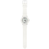 Casio Baby-G+PLUS BGA15K-7A a white matte resin strap with detachable centre case mechanism, alongside the included green round silicone holder that converts the watch into a bag charm or keyring, fitting wrists from 125mm to 180mm.
