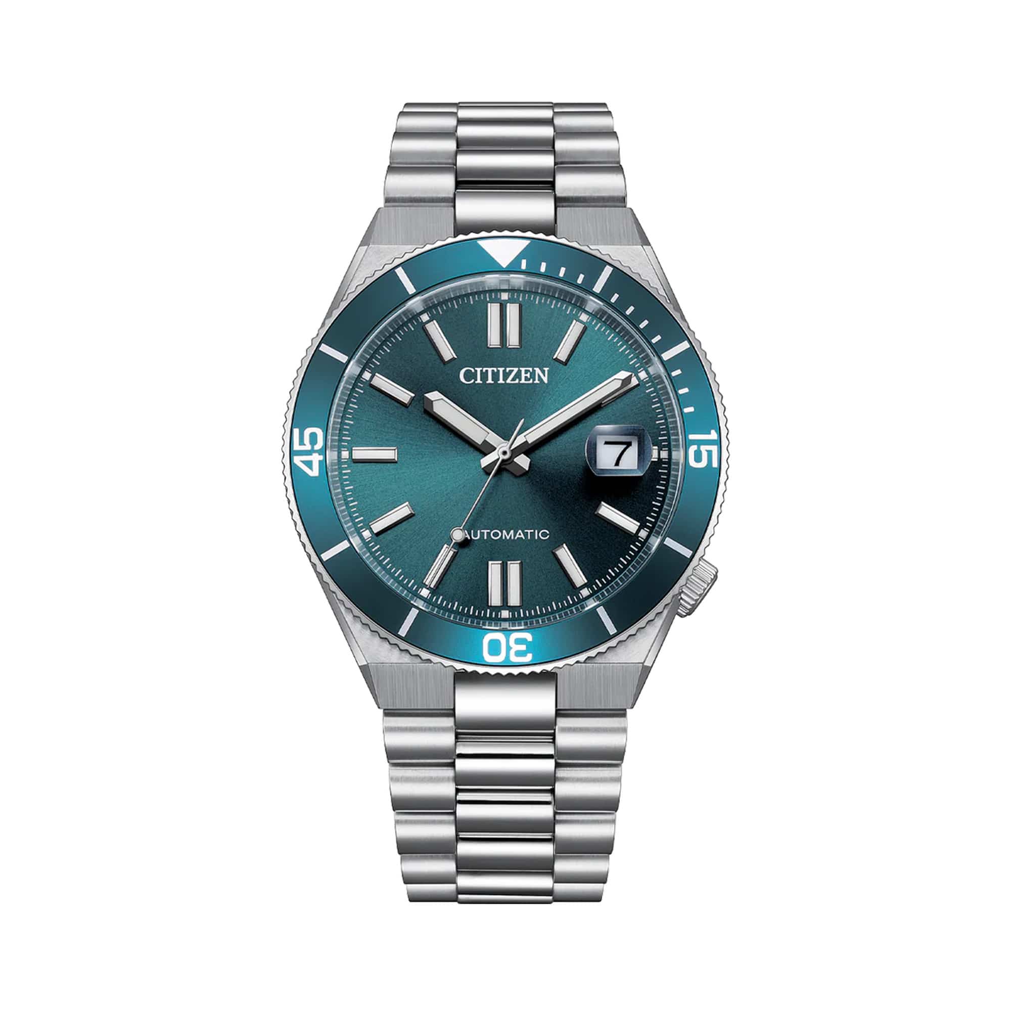 Citizen Tsuyosa Automatic 40mm Men's Watch NJ0231-56L - The blue sunray dial features luminous hands and indices with a date display at 3 o'clock. A unidirectional rotating bezel with an aluminium insert surrounds the dial for added function.