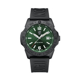 Front view of the Luminox Pacific Diver Men's 44mm Quartz Watch XS.3137.B with an emerald green sunray dial and white numerals. This Pacific Diver 3120 Series watch features a black IP stainless steel case, a black CARBONOX™ rotating dive bezel and a black rubber strap.