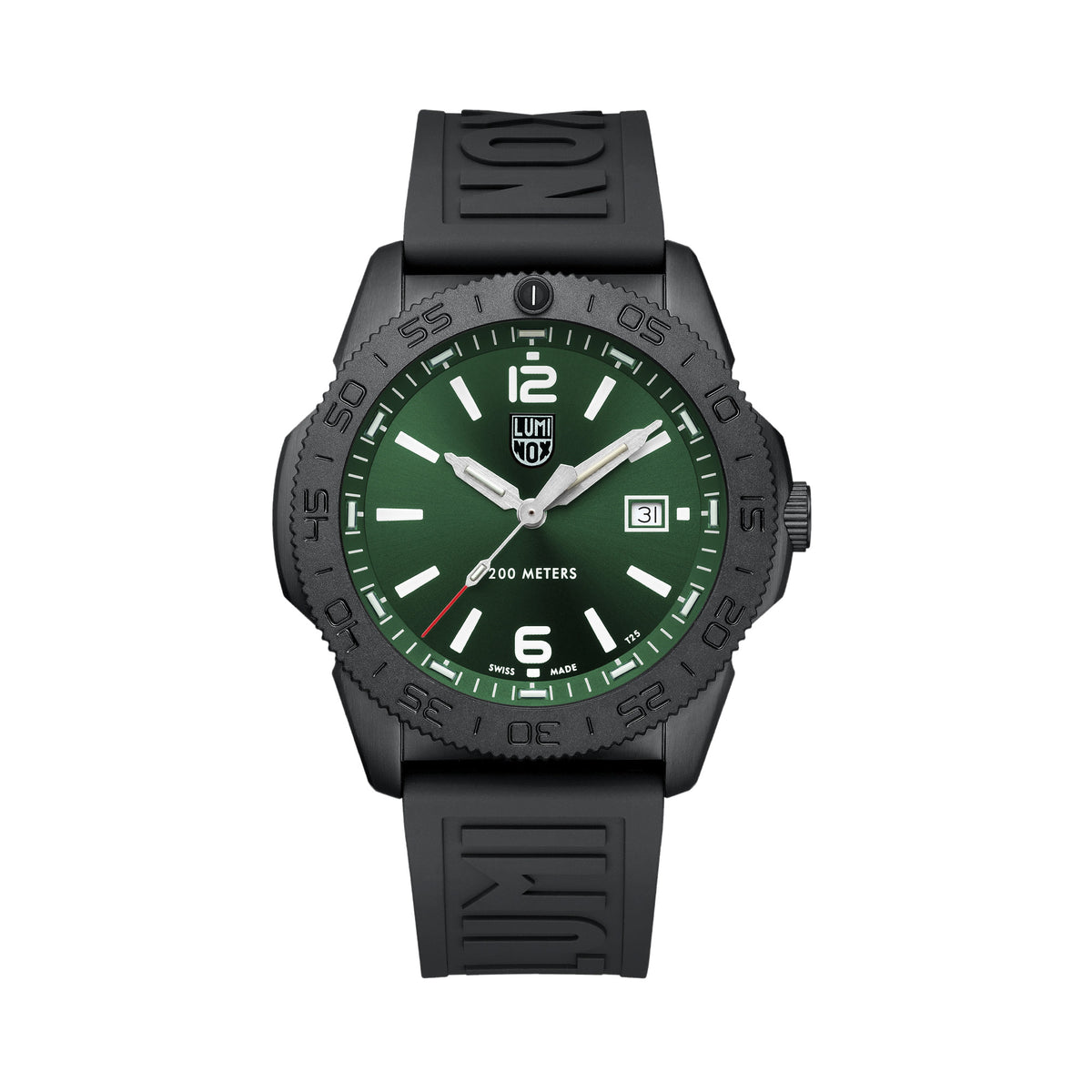 Front view of the Luminox Pacific Diver Men's 44mm Quartz Watch XS.3137.B with an emerald green sunray dial and white numerals. This Pacific Diver 3120 Series watch features a black IP stainless steel case, a black CARBONOX™ rotating dive bezel and a black rubber strap.