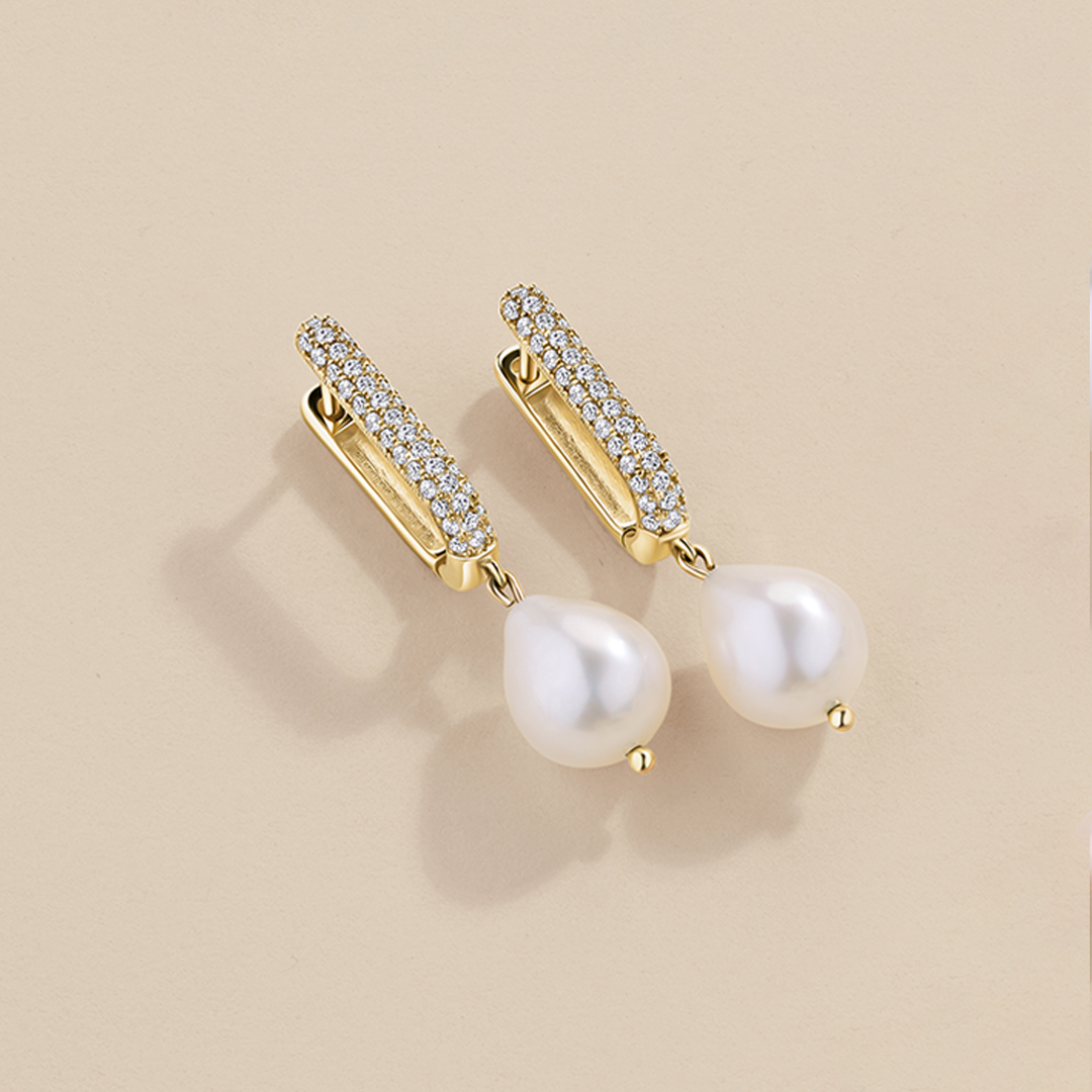 Freshwater Pearl & Cubic Zirconia Drop Huggie Earrings in 9ct Yellow Gold