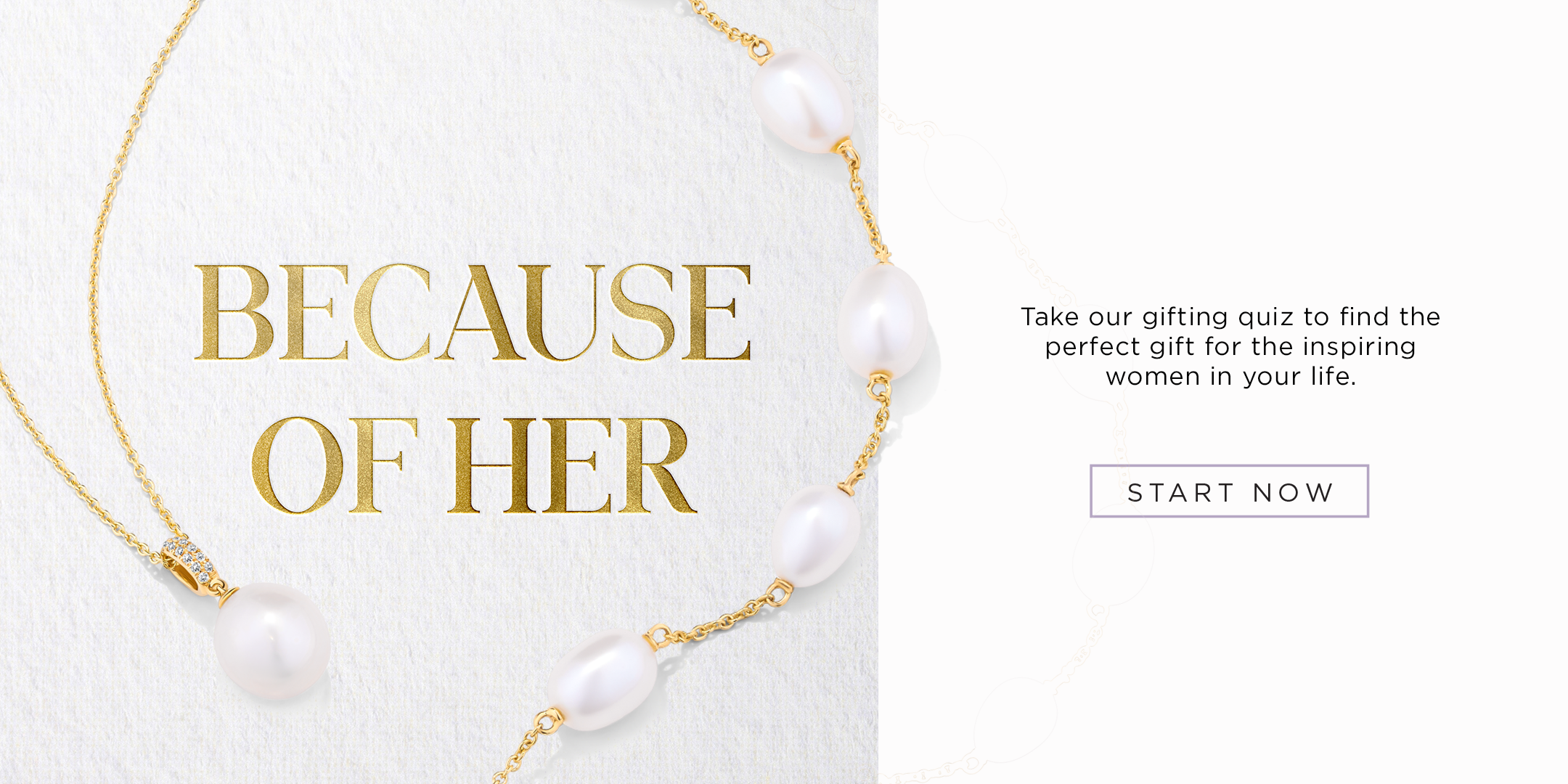 Pearl necklace with gold accents on a white background, featuring text about a gifting quiz.