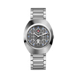 Rado DiaStar Original 38mm R12160113 front view – silver multi-layered mosaic-pattern dial accented with 11 blue crystals, day and date display, polished Ceramos™ bezel, faceted sapphire crystal