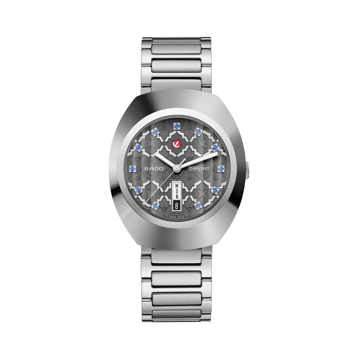 Rado DiaStar Original 38mm R12160113 front view – silver multi-layered mosaic-pattern dial accented with 11 blue crystals, day and date display, polished Ceramos™ bezel, faceted sapphire crystal