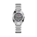 Rado DiaStar Original 30mm R12170113 front view – silver rhodium-coloured dial accented with 11 blue crystals, date window, polished platinum-coloured Ceramos™ bezel, faceted sapphire crystal