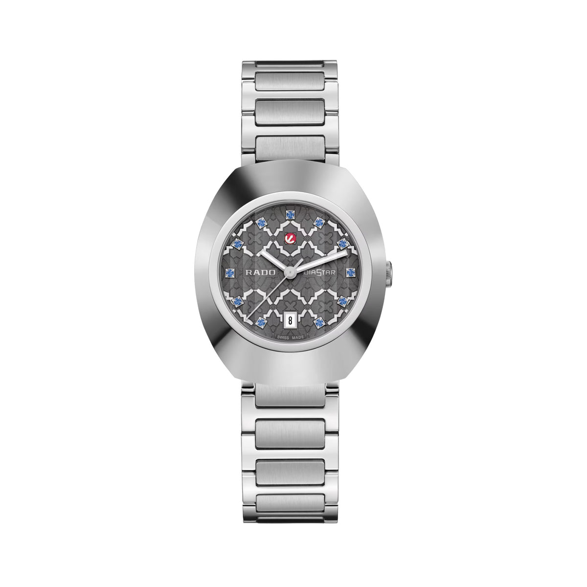 Rado DiaStar Original 30mm R12170113 front view – silver rhodium-coloured dial accented with 11 blue crystals, date window, polished platinum-coloured Ceramos™ bezel, faceted sapphire crystal