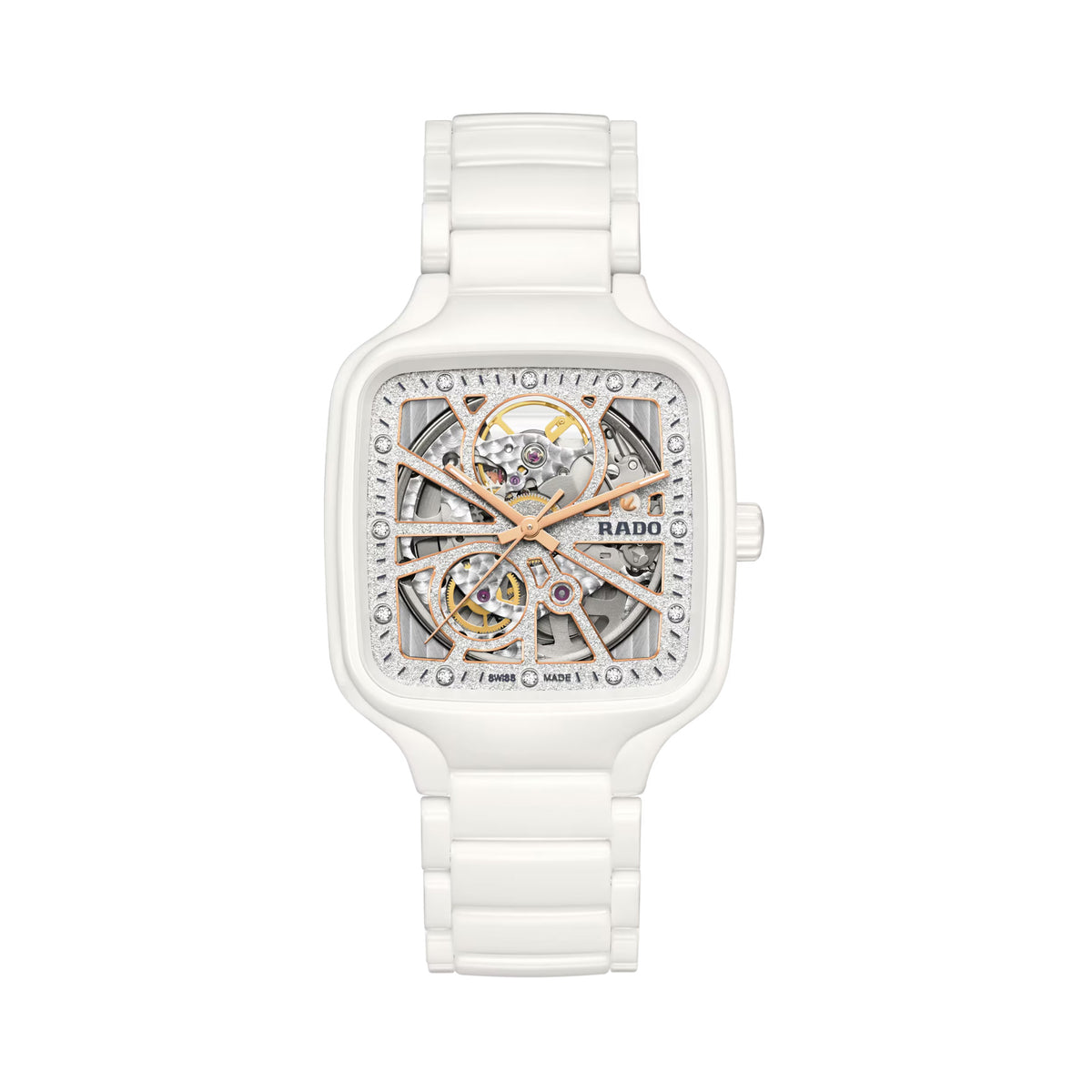 Rado True Square Automatic Open Heart Sparkling 38mm R27073722 front view – rhodium-coloured glitter dial with open heart cut-away, 12 diamond hour markers, rose gold-coloured hands with Super-LumiNova®, square white high-tech ceramic case