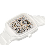 Rado True Square Automatic Open Heart Sparkling 38mm R27073722 front view – rhodium-coloured glitter dial with open heart cut-away, 12 diamond hour markers, rose gold-coloured hands with Super-LumiNova®, square white high-tech ceramic case