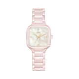 Rado True Square Diamonds 29.2mm R27181902 front view – white mother of pearl dial with four diamond hour markers, rose gold-coloured hands, square pink high-tech ceramic case