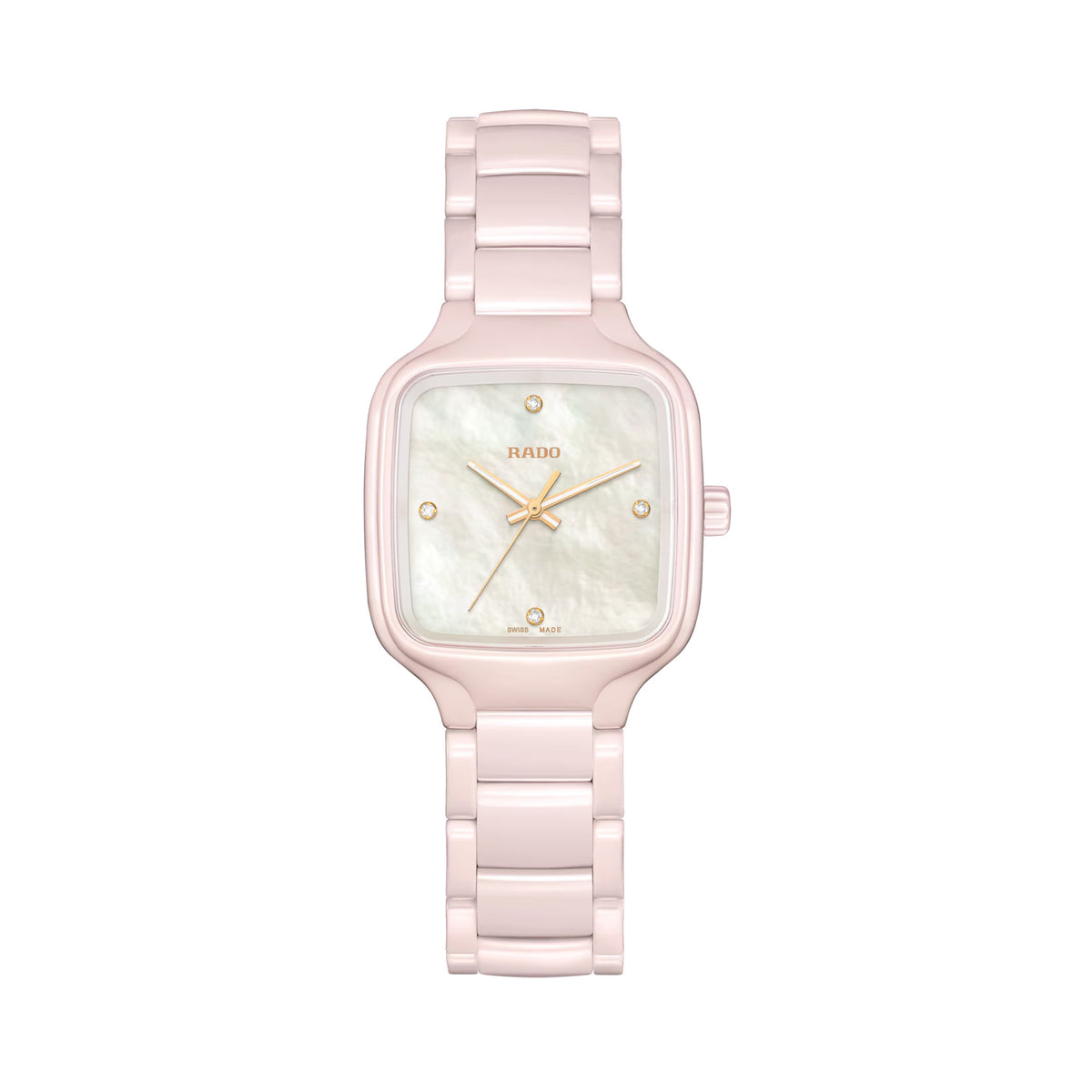 Rado True Square Diamonds 29.2mm R27181902 front view – white mother of pearl dial with four diamond hour markers, rose gold-coloured hands, square pink high-tech ceramic case