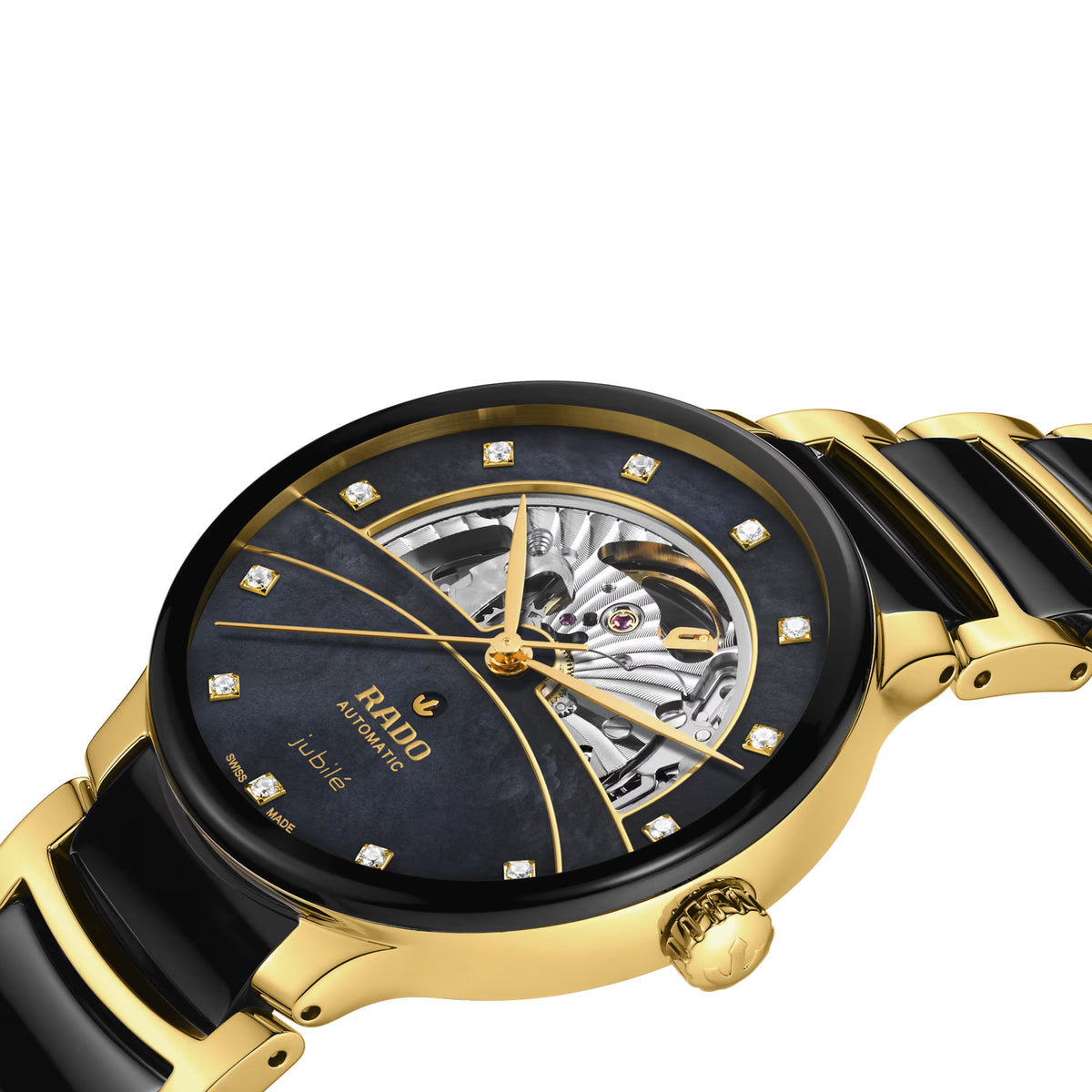 Rado Centrix Open Heart Diamonds 39.5mm R30008902 side profile – gold PVD stainless steel case, gold PVD crown, sapphire crystal, 11.3mm case profile, black and gold bracelet