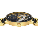 Rado Centrix Open Heart Diamonds 39.5mm R30008902 side profile – gold PVD stainless steel case, gold PVD crown, sapphire crystal, 11.3mm case profile, black and gold bracelet