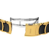 Rado Centrix Open Heart Diamonds 39.5mm R30008902 bracelet detail – gold PVD stainless steel bracelet with polished black high-tech ceramic middle links and brushed stainless steel three-fold clasp