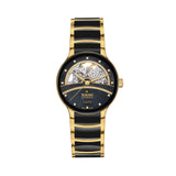 Rado Centrix Open Heart Diamonds 35mm R30032752 front view – black mother of pearl dial with open heart window, sweeping arc of 86 diamonds, 12 diamond hour markers, sapphire crystal with black metallised ring