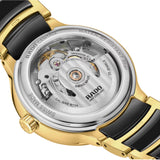Rado Centrix Open Heart Diamonds 35mm R30032752 caseback view – transparent sapphire crystal caseback showing the decorated Rado R734 automatic movement with 80-hour power reserve, Swiss made