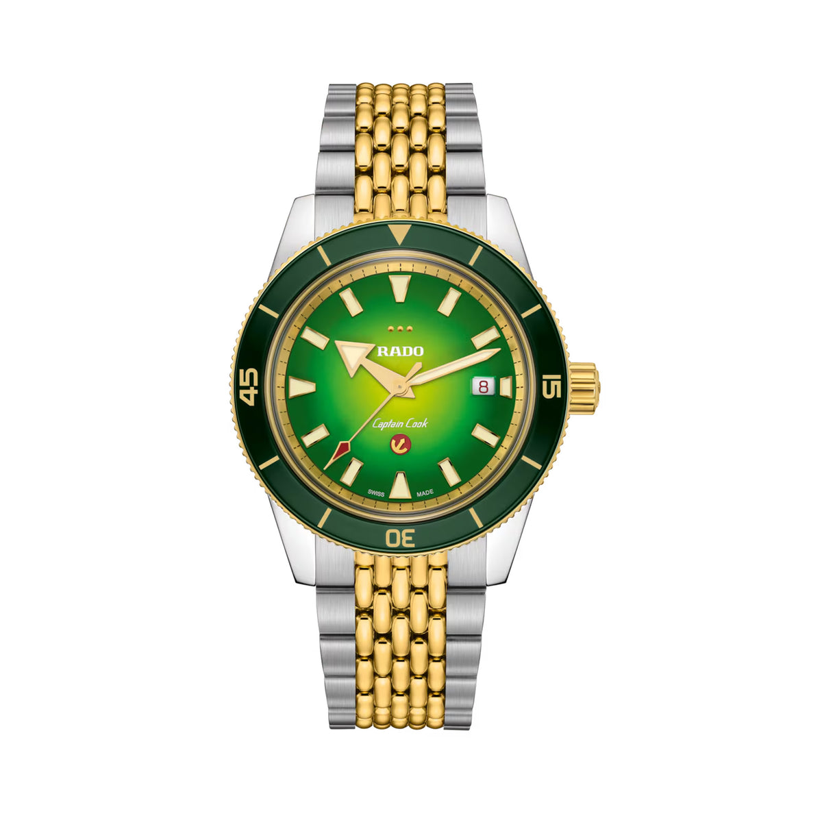 Rado Captain Cook x Cameron Green Limited Edition 42mm R32138318 front view – green gradient sunray dial inspired by a cricket pitch, three gold stump dots at 12 o’clock, gold applied indices with Super-LumiNova®, red-tipped seconds hand, date window at 3 o’clock
