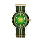 Rado Captain Cook x Cameron Green Limited Edition 42mm R32138318 soldier view on NATO strap – green gradient sunray dial, gold bezel with green ceramic insert, green and yellow gold-coloured textile NATO-style strap