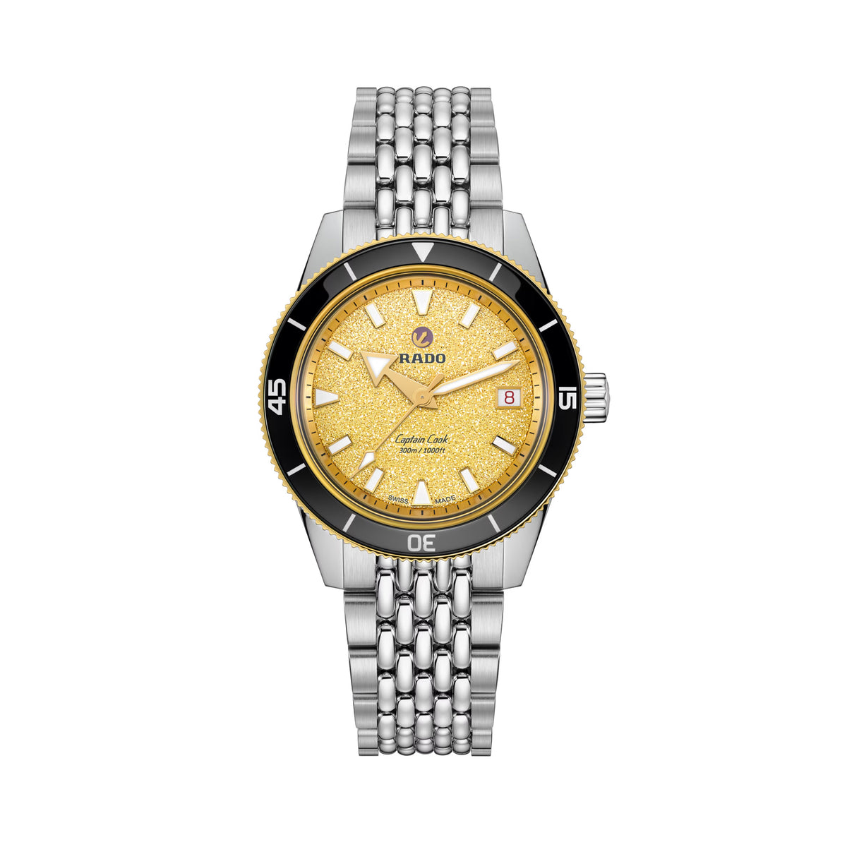 Rado Florence 30mm R48913313 front view – green sunray dial with rose gold-coloured applied and printed indices, matching hands and logo, date window at 6 o’clock, curved edge-to-edge sapphire crystal