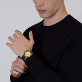 Rado Captain Cook 39mm R32223258 worn on wrist – gold glitter dial, black ceramic bezel, stainless steel case and bracelet, mid-sized 39mm automatic dive watch shown on wrist