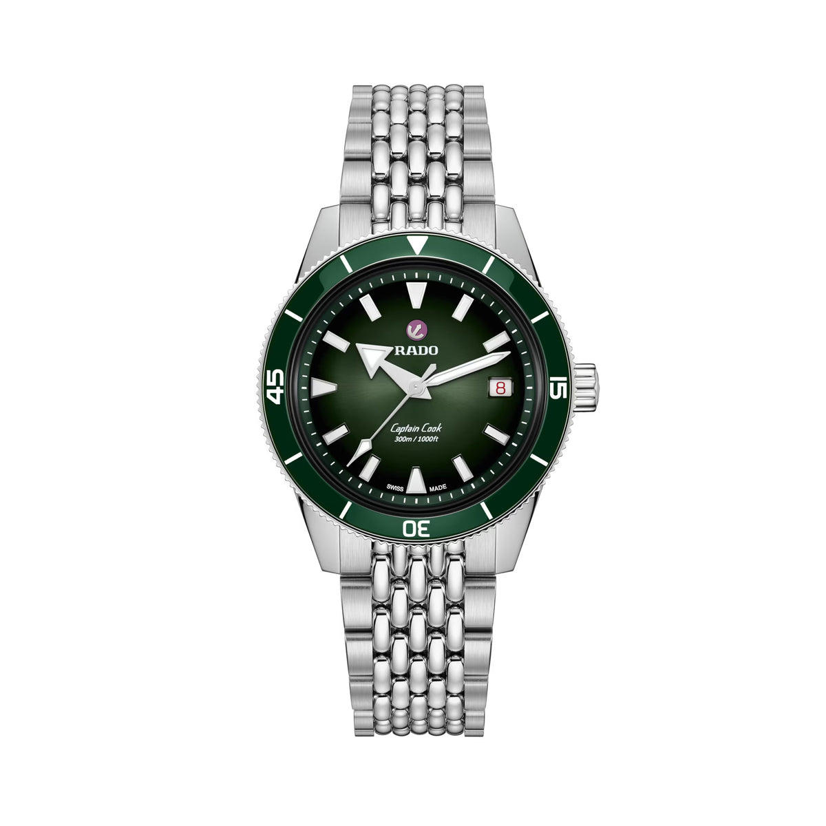 Rado Captain Cook 39mm R32223313 front view – black to green gradient dial, rhodium-coloured hands and indices with white Super-LumiNova®, date window at 3 o’clock, green high-tech ceramic bezel inser