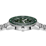 Rado Captain Cook 39mm R32223313 side profile – polished stainless steel case, rotating bezel with green ceramic insert, box-shaped sapphire crystal, screw-down crown, 12mm case profile