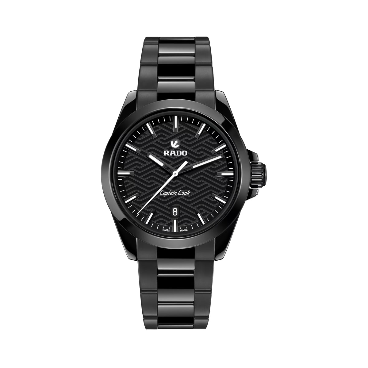 Rado Captain Cook Discover 40.7mm R32279162 front view – black sunray dial with laser-enhanced wave pattern, polished black applied indices and skeletonised hands with white Super-LumiNova®, date window, fixed polished black high-tech ceramic bezel