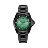 Rado Captain Cook Discover 40.7mm R32279312 front view – black to green gradient sunray dial, applied indices and skeletonised hands with green Super-LumiNova®, date window, fixed polished black high-tech ceramic bezel