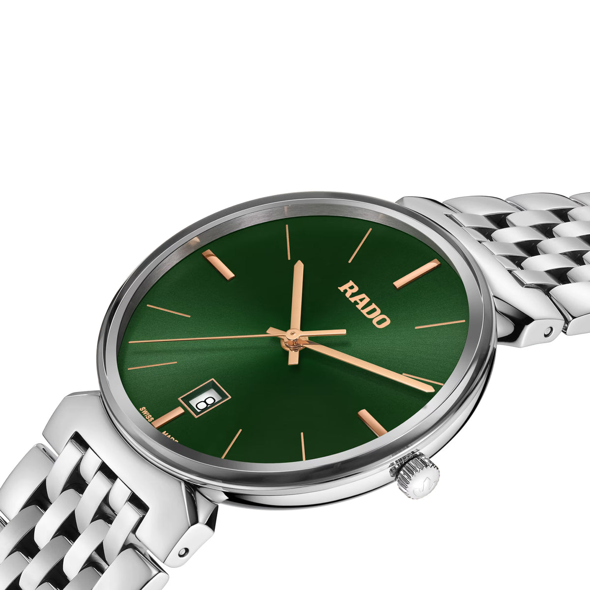 Rado Florence 38mm R48912313 side profile – slim 8.7mm polished stainless steel case, stainless steel crown, curved sapphire crystal with bevelled silver-coloured frame