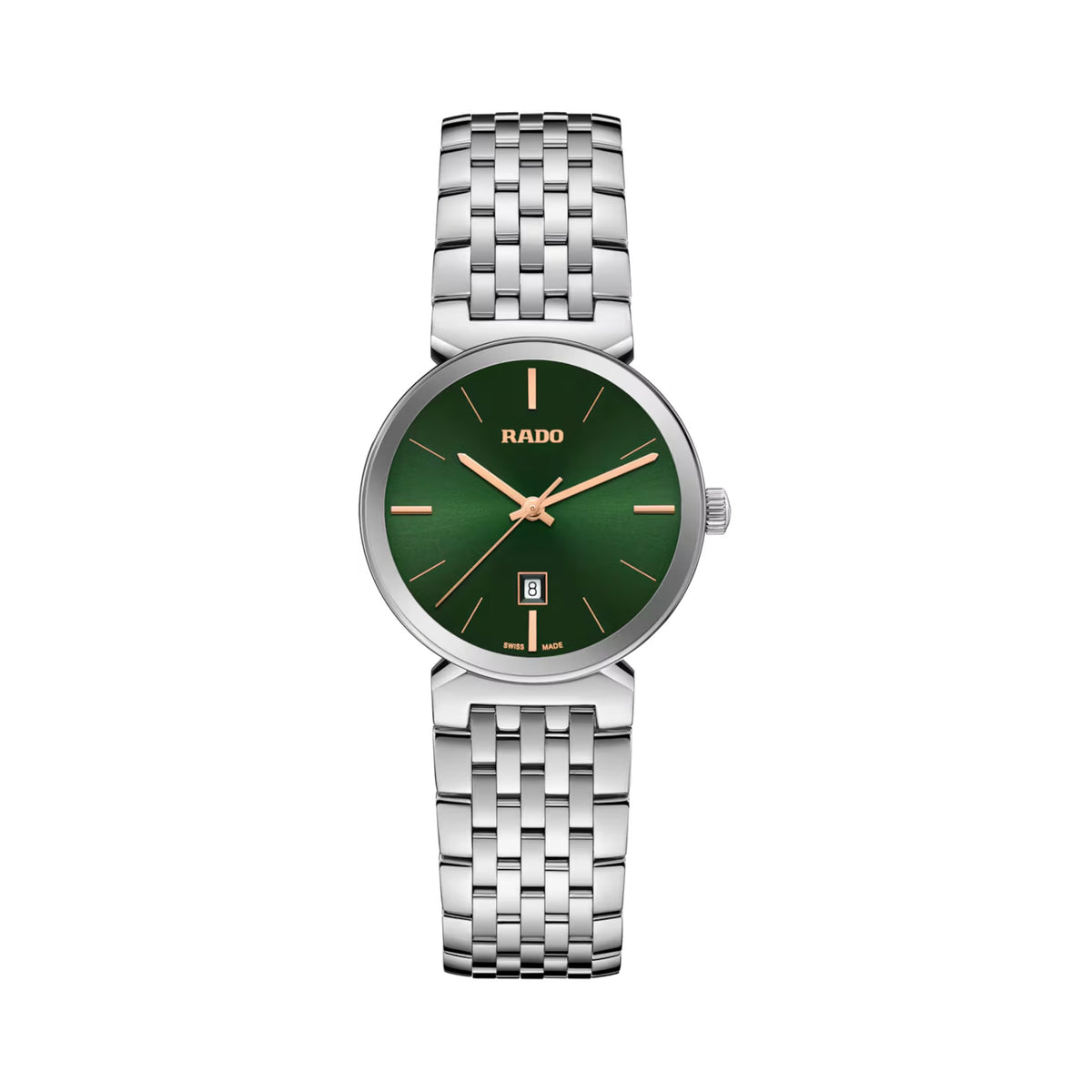 Rado Florence 30mm R48913313 front view – green sunray dial with rose gold-coloured applied and printed indices, matching hands and logo, date window at 6 o’clock, curved edge-to-edge sapphire crystal