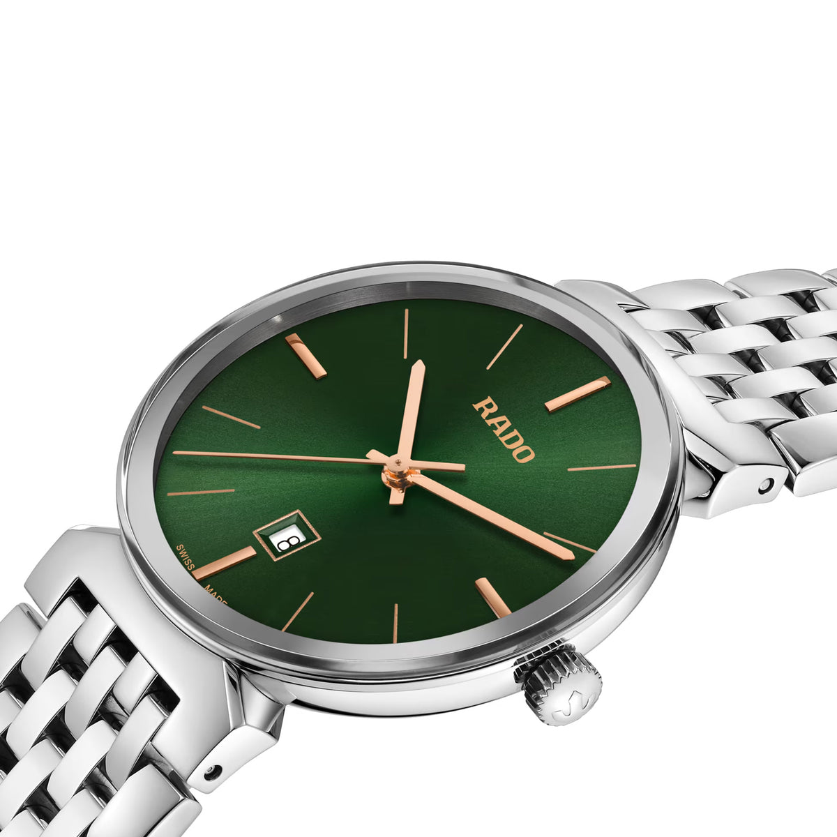 Rado Florence 30mm R48913313 side profile – slim 7.8mm polished stainless steel case, stainless steel crown, curved sapphire crystal with bevelled silver-coloured frame
