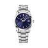 A Grand Seiko Heritage Quartz 37mm Men's Watch SBGX265 analog watch with a polished silver stainless steel case and link bracelet, featuring a deep blue dial with silver-tone indices and hands.