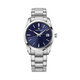 A Grand Seiko Heritage Quartz 37mm Men's Watch SBGX265 analog watch with a polished silver stainless steel case and link bracelet, featuring a deep blue dial with silver-tone indices and hands.