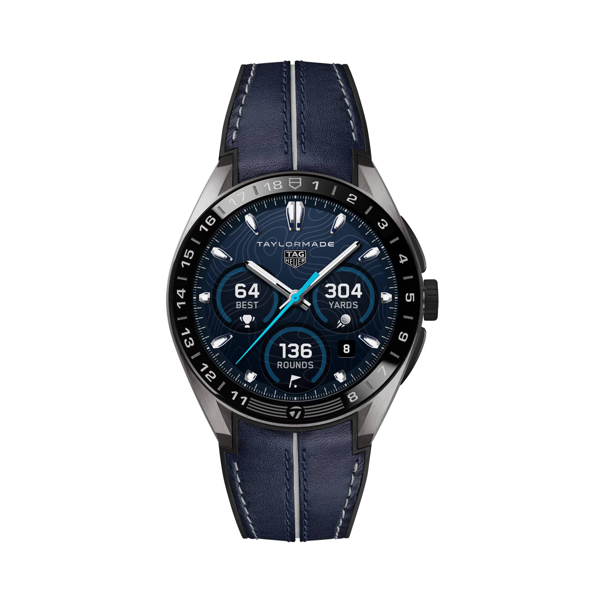 TAG Heuer Connected Calibre E5 x TaylorMade Edition SBT8A86.EB0421 shown face-on with its titanium case and digital golf-tracking display fully visible. The black and blue perforated strap is displayed straight down, secured by a titanium double-security buckle.