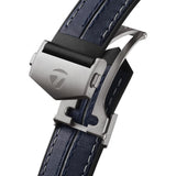 TAG Heuer Connected Calibre E5 x TaylorMade Edition SBT8A86.EB0421 photographed in close-up focusing on the titanium double-security folding clasp. The black and blue rubber and leather strap is visible connecting to the buckle mechanism.