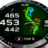 TAG Heuer Connected Calibre E5 x TaylorMade Edition SBT8A86.EB0421 captured in extreme close-up on the digital touchscreen, showing the Golf app's automatic shot tracking display. The ceramic bezel frames the touchscreen prominently.