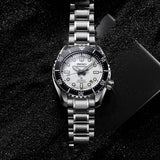 The Seiko Prospex "Marinemaster" Automatic 42.60mm Men's Watch SLA077J reveals the dial's fine texture and high-contrast indices in close detail, alongside the knurled bezel edge and crown.