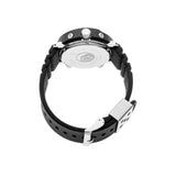 The Seiko Prospex Solar Alarm Chronograph Men’s 47.80mm Diver’s Watch SNJ025P shows its 47.8mm stainless steel and plastic case with a screw-down crown and screw-down buttons.