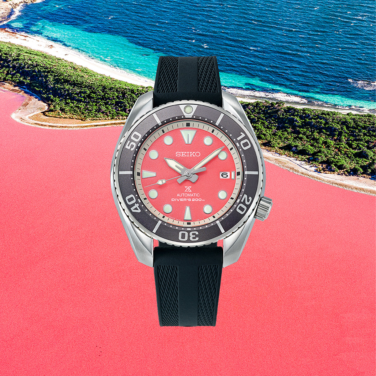 From this angle, the Seiko Prospex Automatic 45mm Limited Edition Watch SPB541J shows the coral-pink sunburst dial's glow and unidirectional bezel together with the stainless steel case and silicone strap.