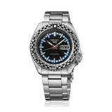 From this angle, the Seiko 5 Sports SKX Series Men’s 42.50mm Watch SRPK67K shows the black dial and checkered bezel together. The brushed and polished steel case frames the dial.