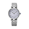 The Seiko Conceptual Quartz Women’s 30mm Watch SRZ553P has a textured light blue dial with slim baton markers. The 30mm stainless steel case has a faceted Hardlex crystal.