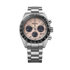 The Seiko Prospex Quartz Chronograph Men’s 39mm Watch SSC963P features a pink sandblasted dial with three black chronograph sub-dials, LumiBrite hands and markers, and a date window. The 39mm stainless steel case is fitted with a curved sapphire crystal and a black tachymeter bezel.
