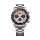 The Seiko Prospex Quartz Chronograph Men’s 39mm Watch SSC963P features a pink sandblasted dial with three black chronograph sub-dials, LumiBrite hands and markers, and a date window. The 39mm stainless steel case is fitted with a curved sapphire crystal and a black tachymeter bezel.