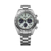 The Seiko Prospex Quartz Chronograph Men’s 39mm Watch SSC965P features a mint green sandblasted dial with three black chronograph sub-dials, LumiBrite hands and markers, and a date window. The 39mm stainless steel case is fitted with a curved sapphire crystal and a tachymeter bezel.