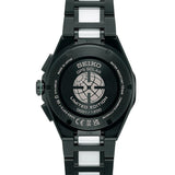 The Seiko Astron Limited Edition Solar GPS Men's 43.40mm Watch SSH185J is fitted with a black titanium and white ceramic bracelet, secured by an easy-adjust three-fold clasp with push-button release. The screw case back is engraved "LIMITED EDITION" with an individual serial number.