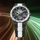 From this angle, the Seiko Astron Limited Edition Solar GPS Men's 43.40mm Watch SSH185J shows the dial's light green accents and horizontal pattern together with the black titanium and white ceramic case.