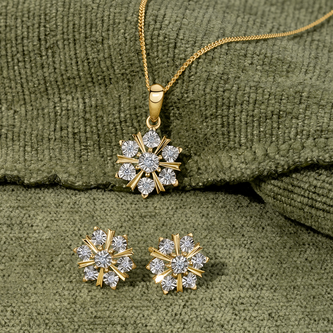 Diamond Snowflake Stud Earrings in 9ct Yellow Gold TGW 0.05ct